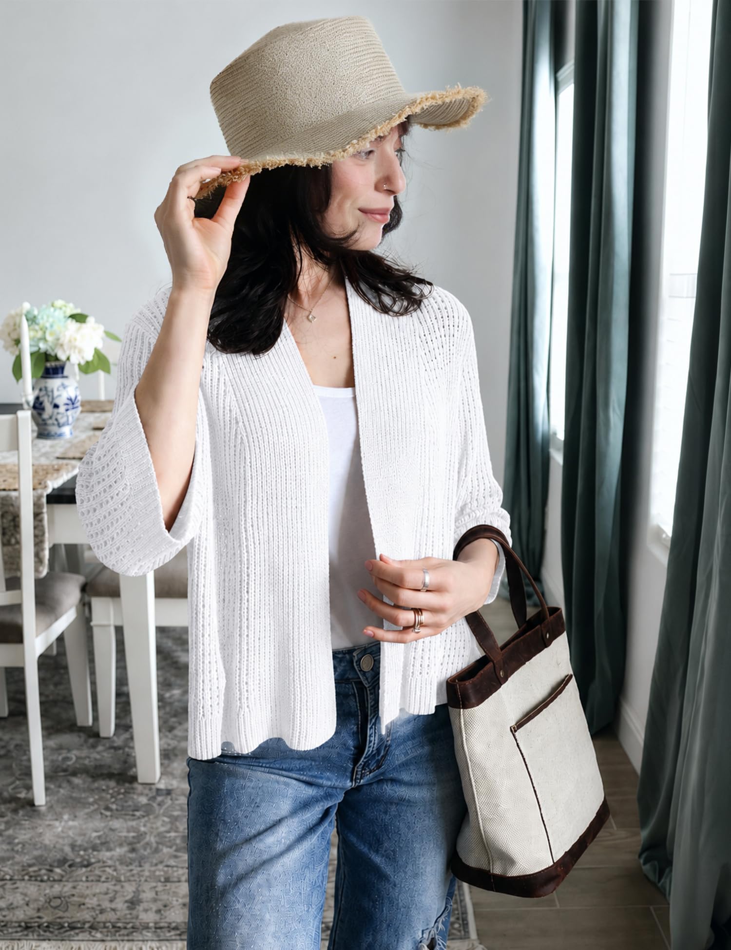 Kistore Bolero Damen 3/4 Arm Strickjacke Kurz Offen für Kleider Leichter Häkelstrick Cardigan für Hochzeit & Büro Weicher Kurzstrickjacke Shrug