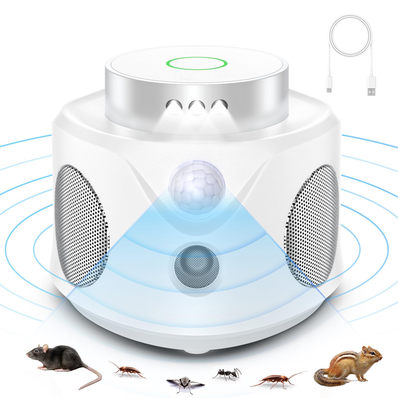Ultrason Souris et Rats, Repulsif Souris Ultrasons 360° Anti Souris avec Lumière LED Appareil Ultrason pour Nuisible Rongeurs Plug in Répulsif Intérieur Dispositif Anti Nuisible Cafards pour Jardin