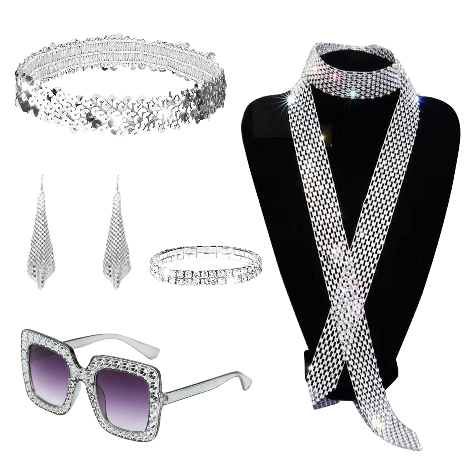ATSNOSH 5 Pcs 70s 80s Disco Accessories Set for Women, Disco Fancy Dress Kit for Women, Sequin Headband Earrings Sunglasses Necklace Bracelet, Retro 70s Theme Party Hippie Costume Accessories (5 Pcs)