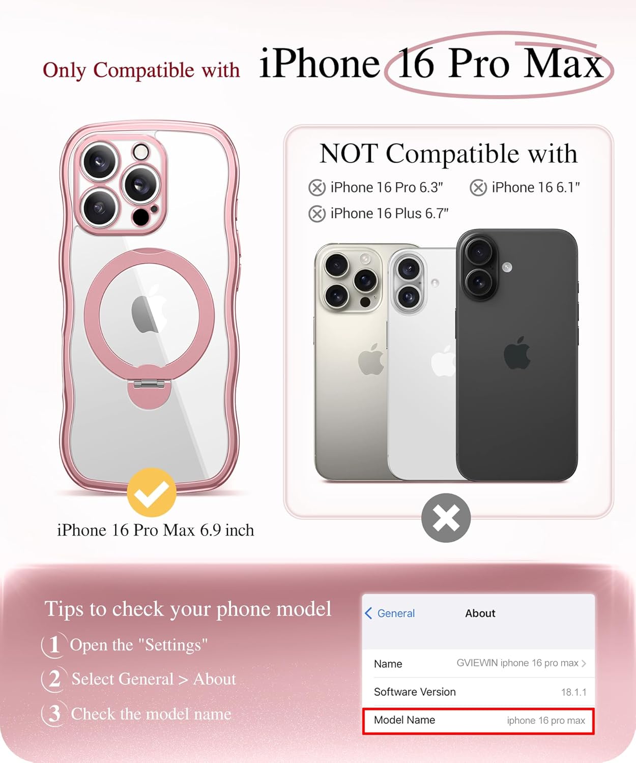 GVIEWIN for iPhone 16 Pro Max Case with 360° Magnetic Stand, [Compatible with MagSafe][Full Camera Protection][Non-Yellowing] Cute Slim Electroplated Wave Shockproof Phone Case 6.9", Clear/Pink - Image 9