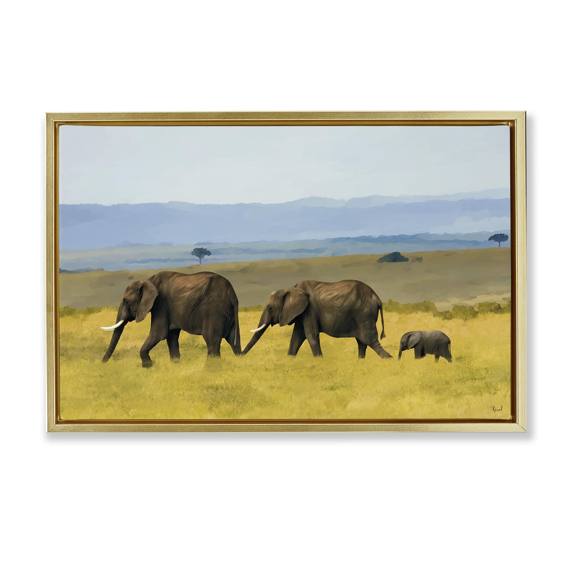 Stupell Industries Metallic Gold (Matte) Elephants In The Grassland Safari, 16 X 24 Inch Canvas In Floater Frame