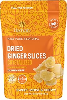 Herbaila Dried Crystallized Ginger Slices 16 oz. Unsulphured Dried Ginger Candy, Crystalized Ginger Pieces. All Natural, Non-GMO