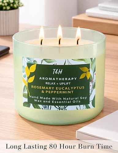 Miniatura 6 de Vela de soja de 3 mechas de eucalipto y romero, 15.8 onzas, vela grande de eucalipto para aliviar el estrés para el hogar, velas de relajación de