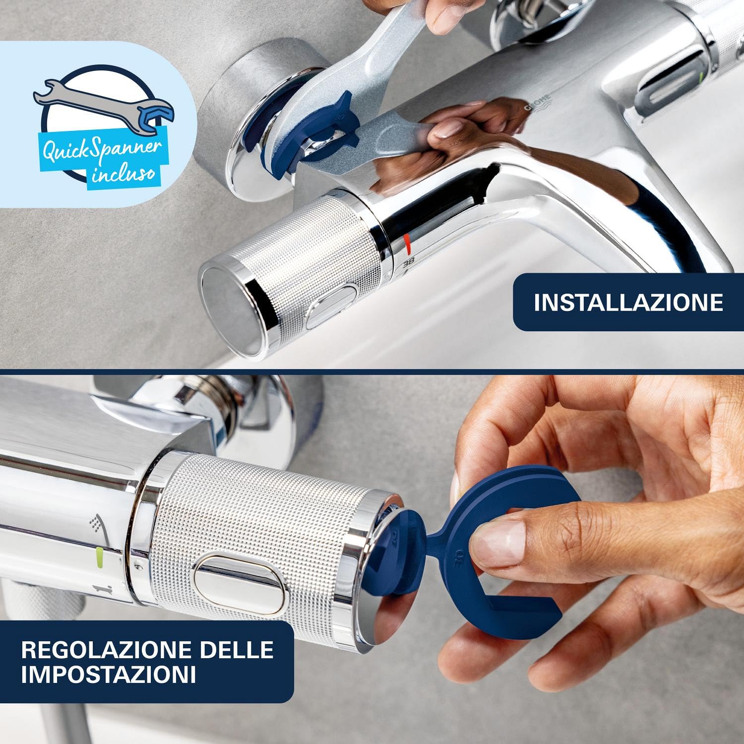 GROHE QUICKFIX, Precision Feel, Miscelatore termostatico per doccia, limitatore di portata GROHE EcoButton blocco sicurezza 38, Cromo, 34790000