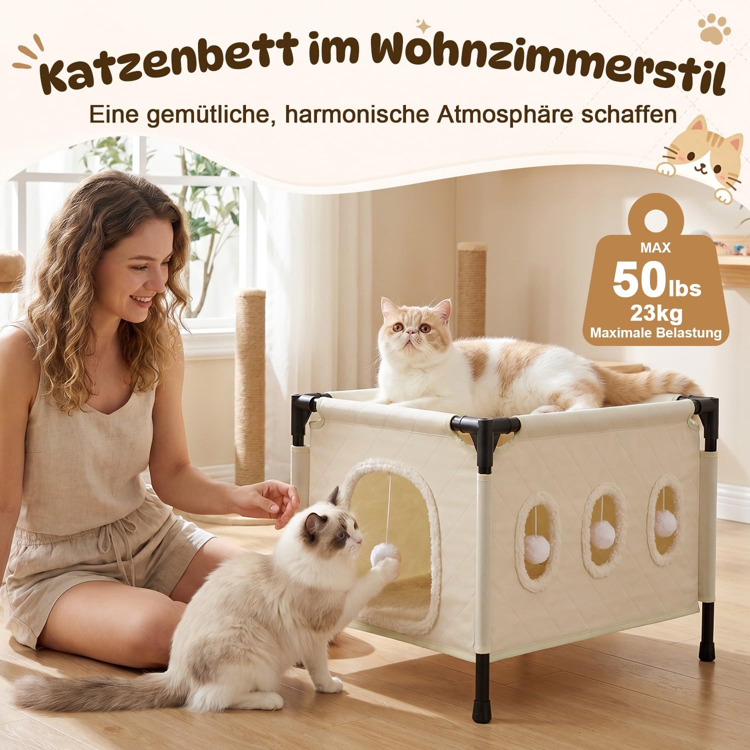 SlowTon Katzenhäuser für Hauskatzen – Überdachtes Katzenbett-Höhlenhaus mit hängenden Flauschigen Bällen & abnehmbarem Plüschmatte, einfache Montage, Katzenversteck für mehrere große und kleine