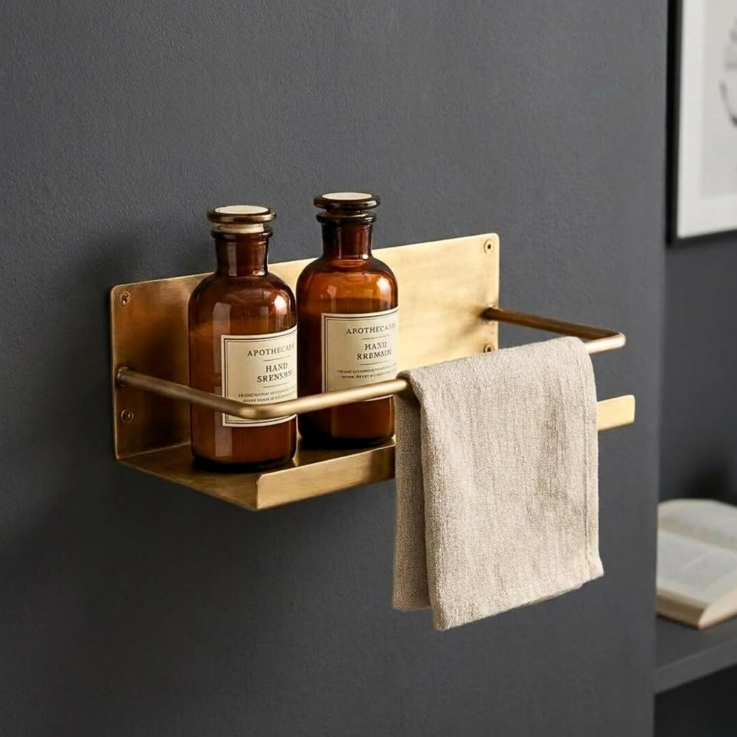 Solid Brass Wall Shelf with Gallery Rail, Modern Floating Bathroom Shelf Organizer, Unlacquered Brass Kitchen Spice Rack, Luxury Entryway Storage Shelf (12 Inch)