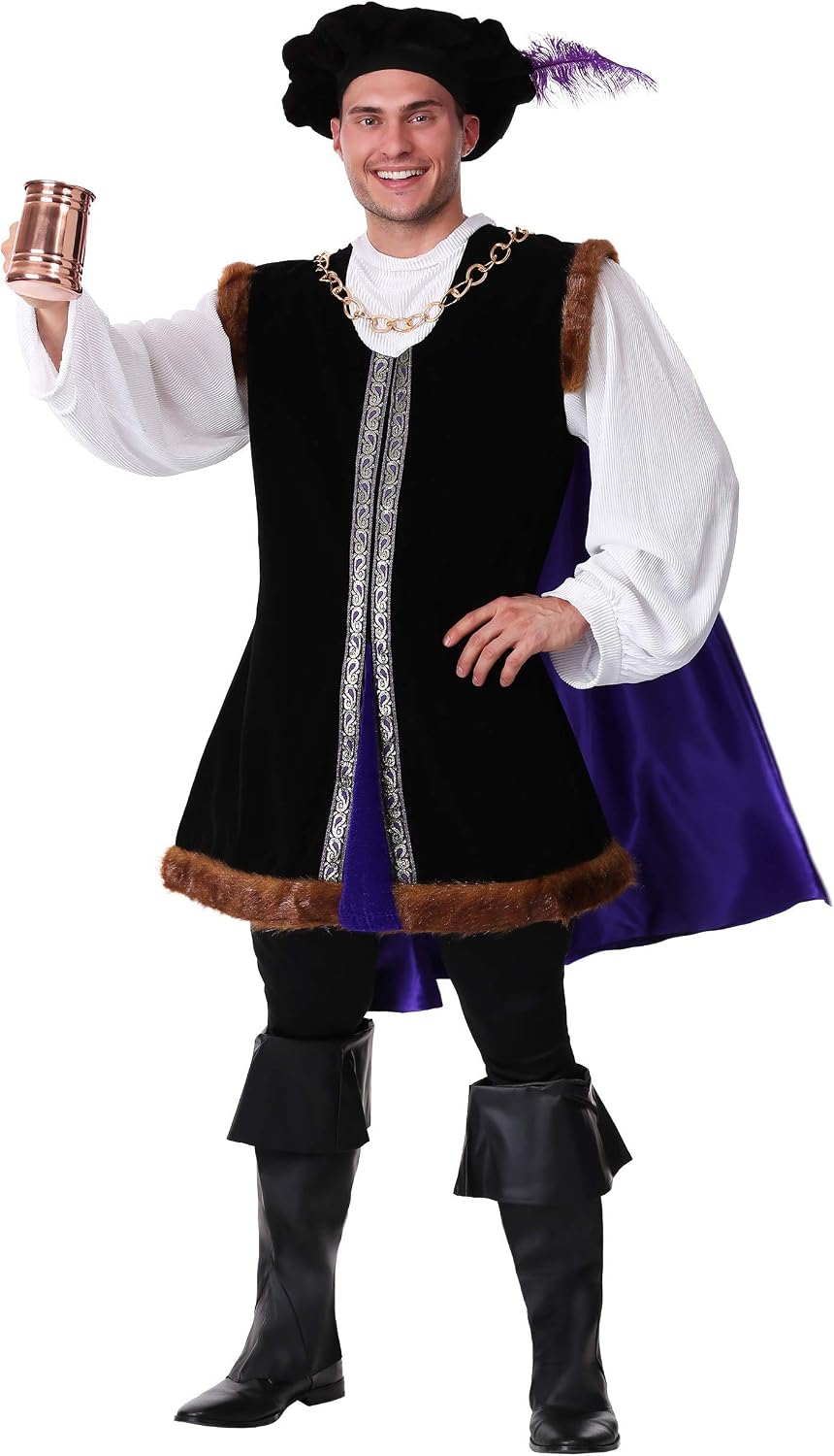 Men's Plus Size Renaissance Noble King Costume with Tunic Cape Hat Boot Tops Faux Fur Trim