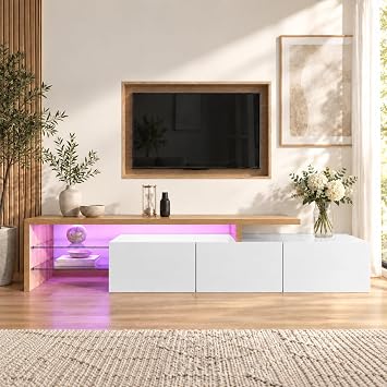 ModernLuxe TV Stand Cabinet, Stylish Elegant TV Unit, Modern TV Cabinet for Living Room, Practical TV Table with Open Glass Shelves and LED Lighting, High-gloss White Storage Cabinet, Wooden 192.5cm