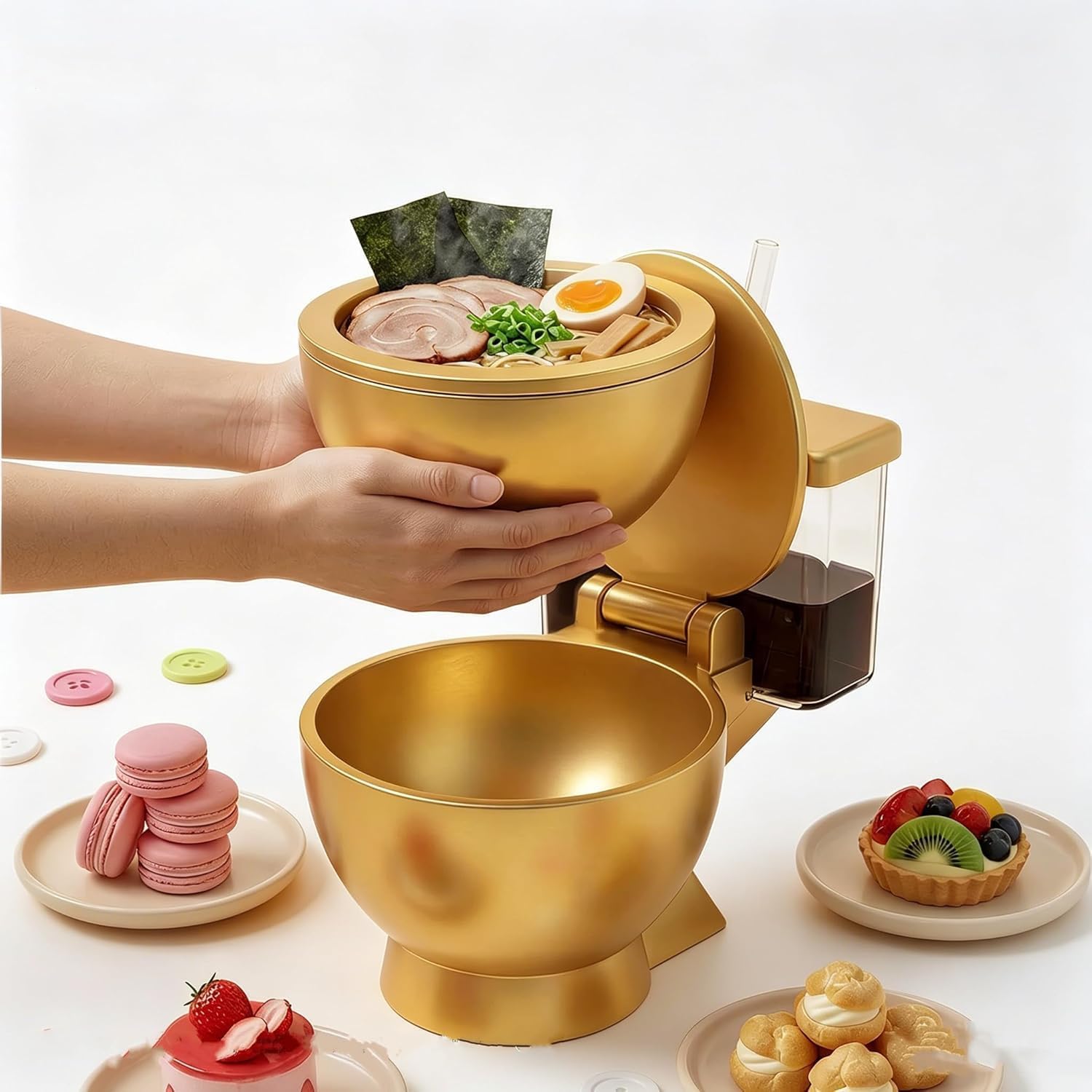 WC-Ramenschüssel, Keramik-Nudelschüssel-Set mit integriertem Becher und Strohhalm, wiederverwendbare Suppenschüssel für Instant-Nudeln, Snacks und lustige Küche, Gold, 2 Stück