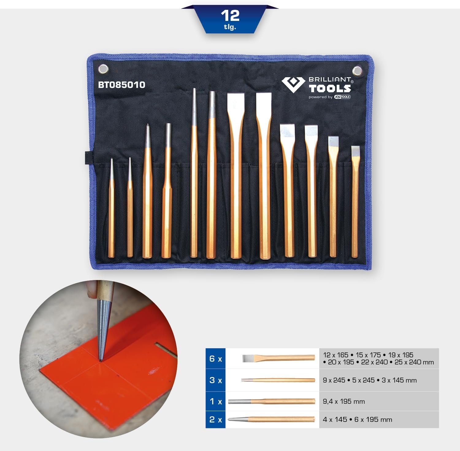BRILLIANT TOOLS BT085010 Chisel and Drip Punch Set 12-Piece [Powered by KS Tools]