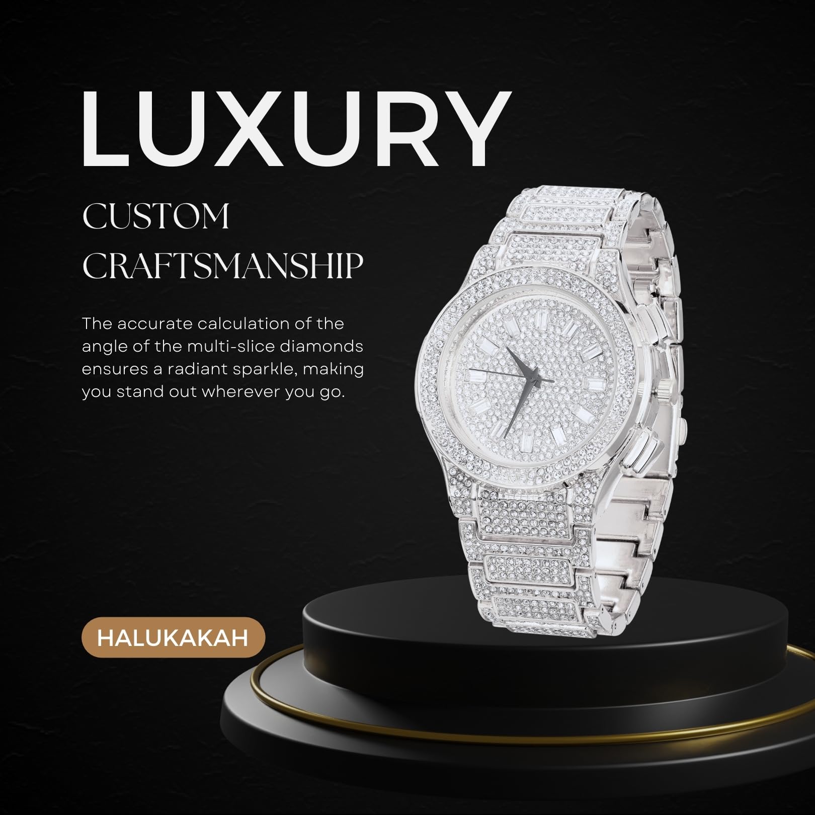HALUKAKAH Reloj con Diamantes Moissanite para Hombre - Regal - Chapado en Oro Real 18K/Oro Blanco Platino,Esfera Redonda Grande con Números Romanos,Correa de 21,5cm - Caja de Regalo Incluida