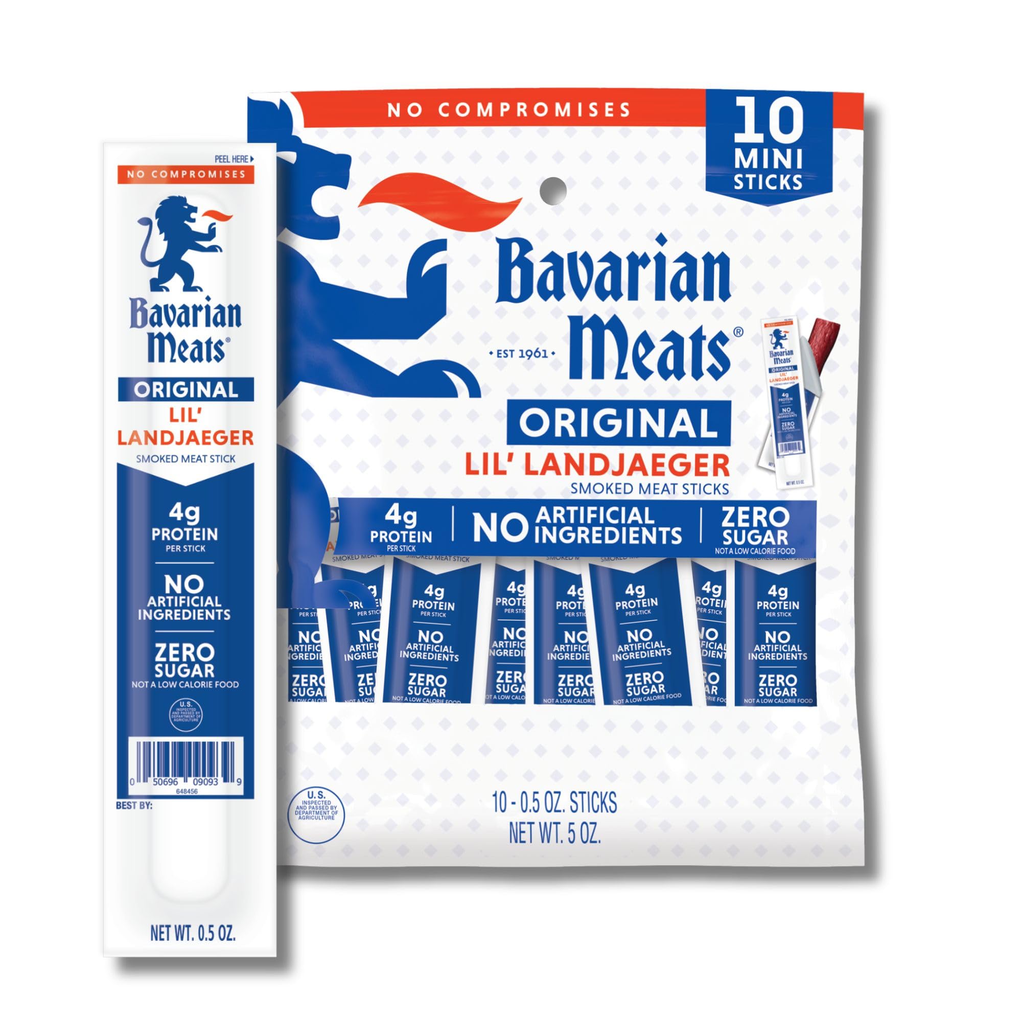 Bavarian Meats Lil' Landjaeger Meat Sticks, Individually Wrapped Smoked Sausage Protein Snacks, Zero Sugar, Great Source of Protein, Gluten Free, Keto Friendly Low Carb Snack, 0.5 Ounce (Pack of 10)
