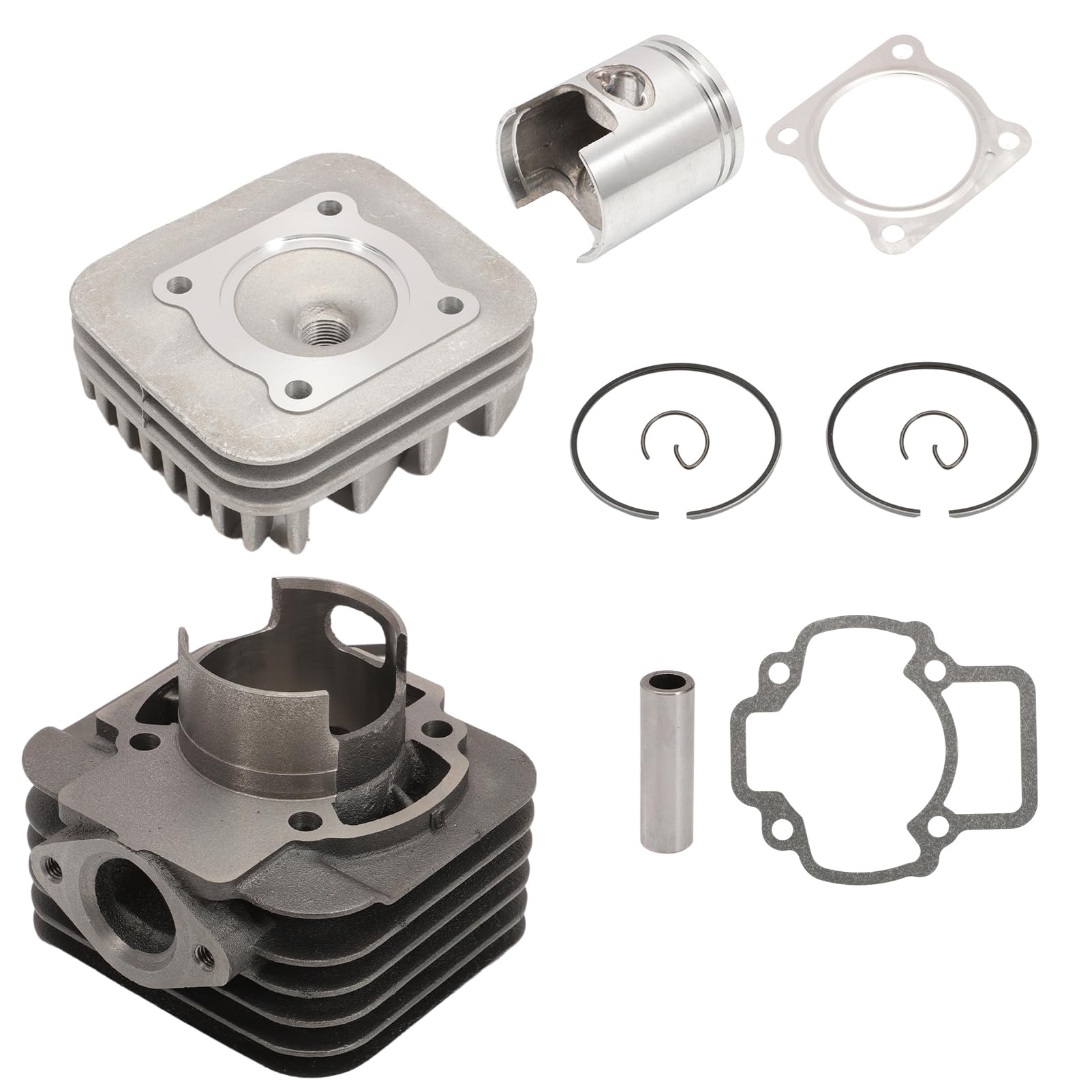 KT00086 - Grupo térmico cilindro Evolution 70 cc D.48 Piaggio AC Aria SP.12 hierro fundido refrigerado por aire para motores Piaggio Gilera, 6 trasvases con escape elíptico y cabeza de una