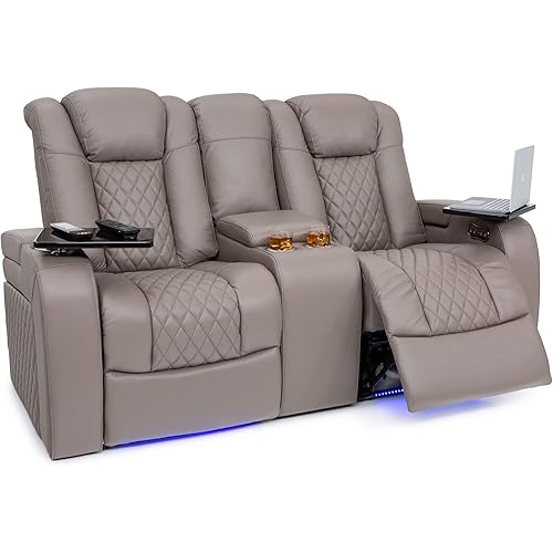 Seatcraft Anthem Loveseat - Living Room - Italian Leather - Power Recline - Center Storage Console - Powered Headrests - Arm Storage - Cup Holders - Gray