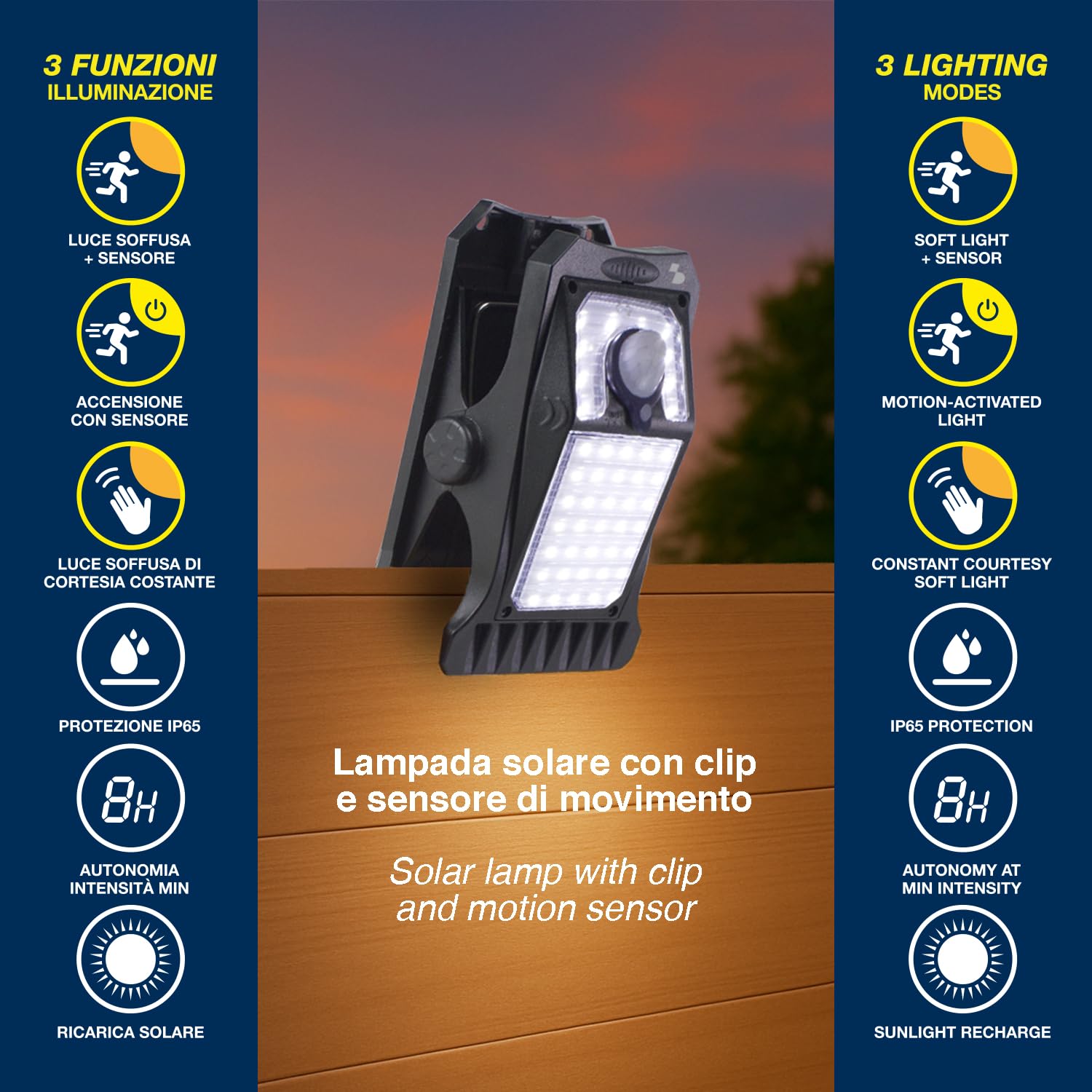 BEPER P207ILO003 Lampada Solare con Clip, Luce LED da Esterno con Sensore di Movimento, 3 Modalità di Illuminazione, Ricarica Solare, IP65, per Giardino, Recinzioni e Campeggio