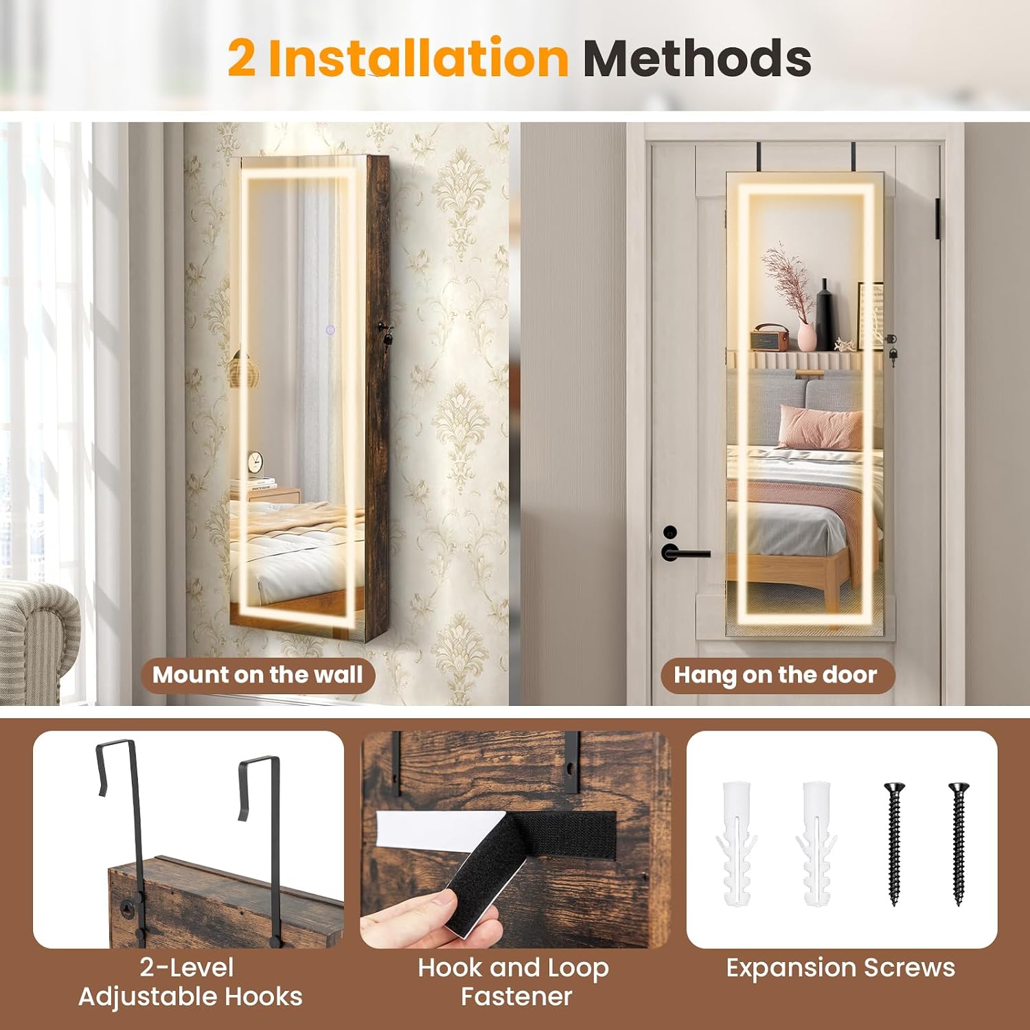 GOFLAME LED Mirror Jewelry Cabinet 42.5”, Wall/Door Mounted Full Length Mirror with Storage, 3-Color Lights, Interior Makeup Mirror, Jewelry Storage Organizer, Lockable Jewelry Armoire, Rustic Brown