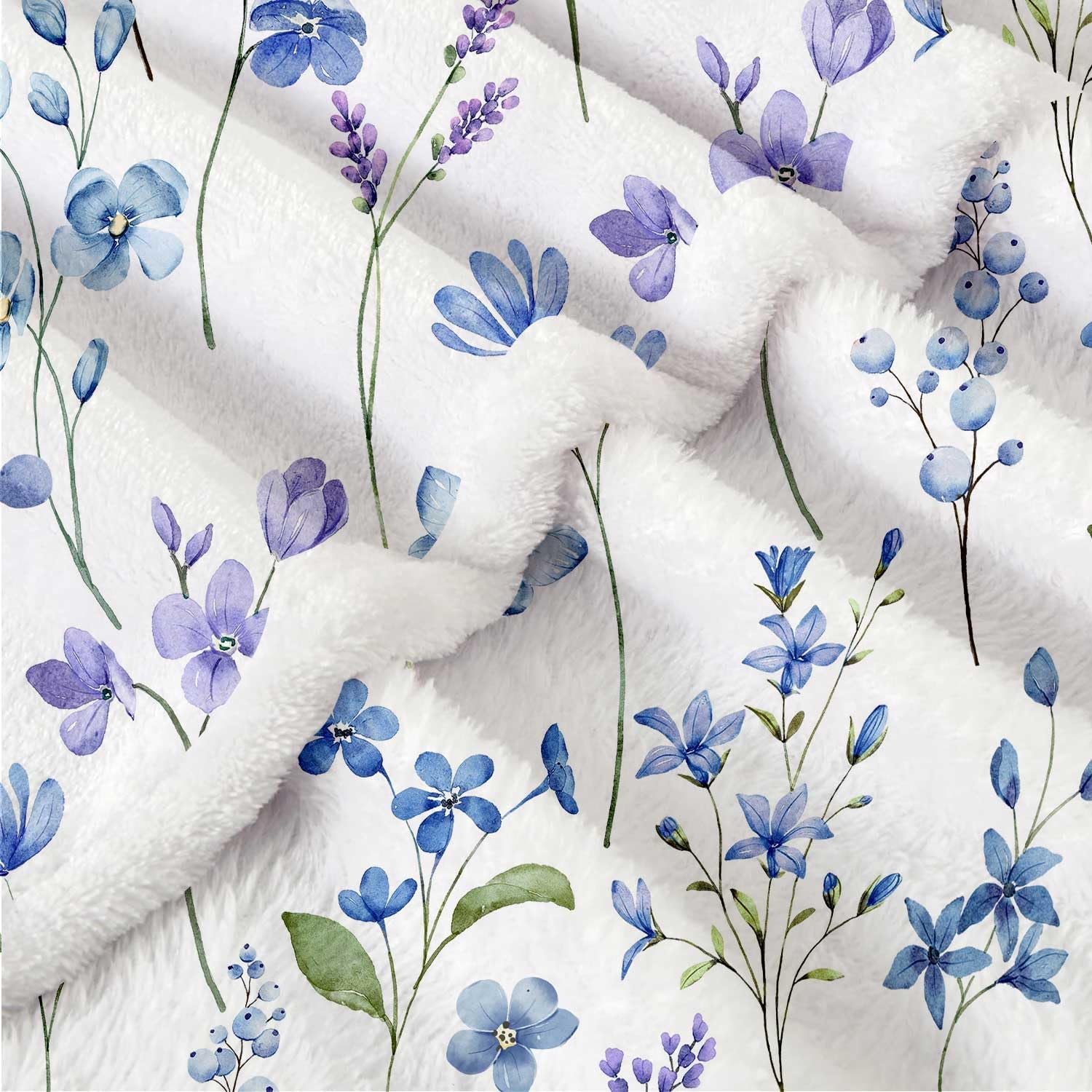 Twin Size Spring Floral Throw Blanket, Blue Wildflowers Botanical Plant Fleece Throw Blankets, Watercolor Cozy Fuzzy Plush Throw Blanket for Bed Couch Camper 60"X80"