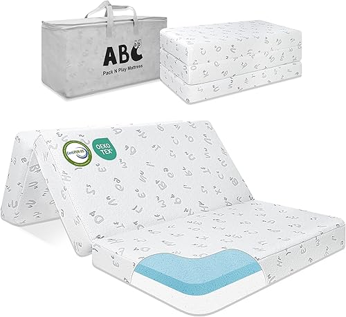 Pack and Play - Colchón triple – 38 x 26 pulgadas Pack N Play con funda extraíble transpirable – Colchón plegable de espuma viscoelástica de doble