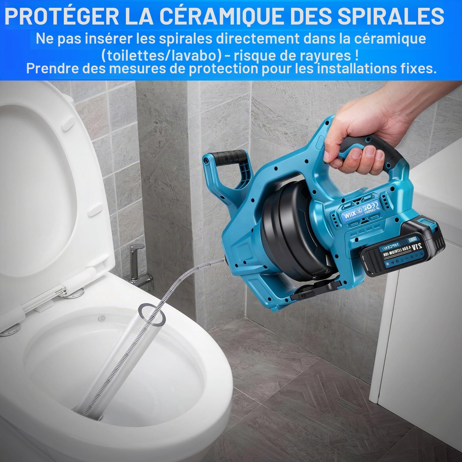XIIW 20V Furet Déboucheur Canalisation avec 7,6m Spirale, 2 Batteries | Tarière Électrique Câble Flexible pour Débouchage/Nettoyage Tuyaux Ø19-85mm, Avant/Arrière, Chargeur Sac & Protections