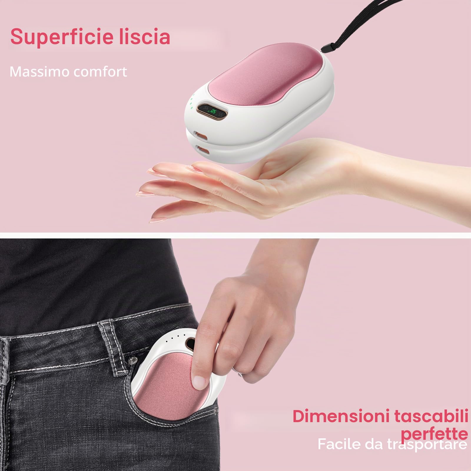 Scaldamani Ricaricabile 5000mAh Scaldamani Elettrico Magnetico Divis Riutilizzabile Scalda Mani Elettrici 3 Livelli di Riscaldamento Fino a 55℃ per Sport all'Aria Aperta e Regalo Invernale (Oro Rosa)