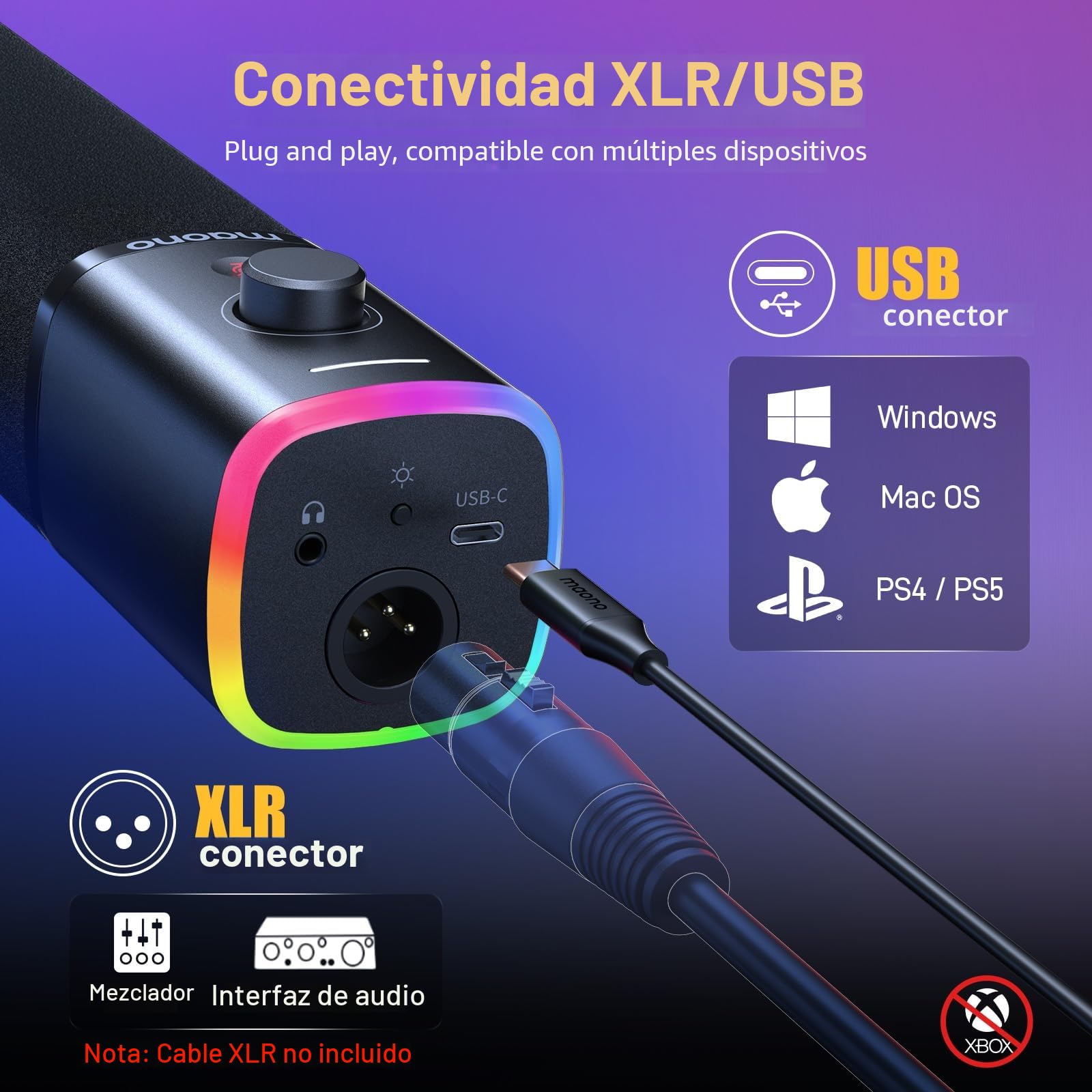 MAONO Micrófono dinámico para Juegos: micrófono dinámico USB XLR para computadora con Software-RGB para PC, Kit de micrófono para Gamer-Podcast, para Estudio de grabación de Streaming