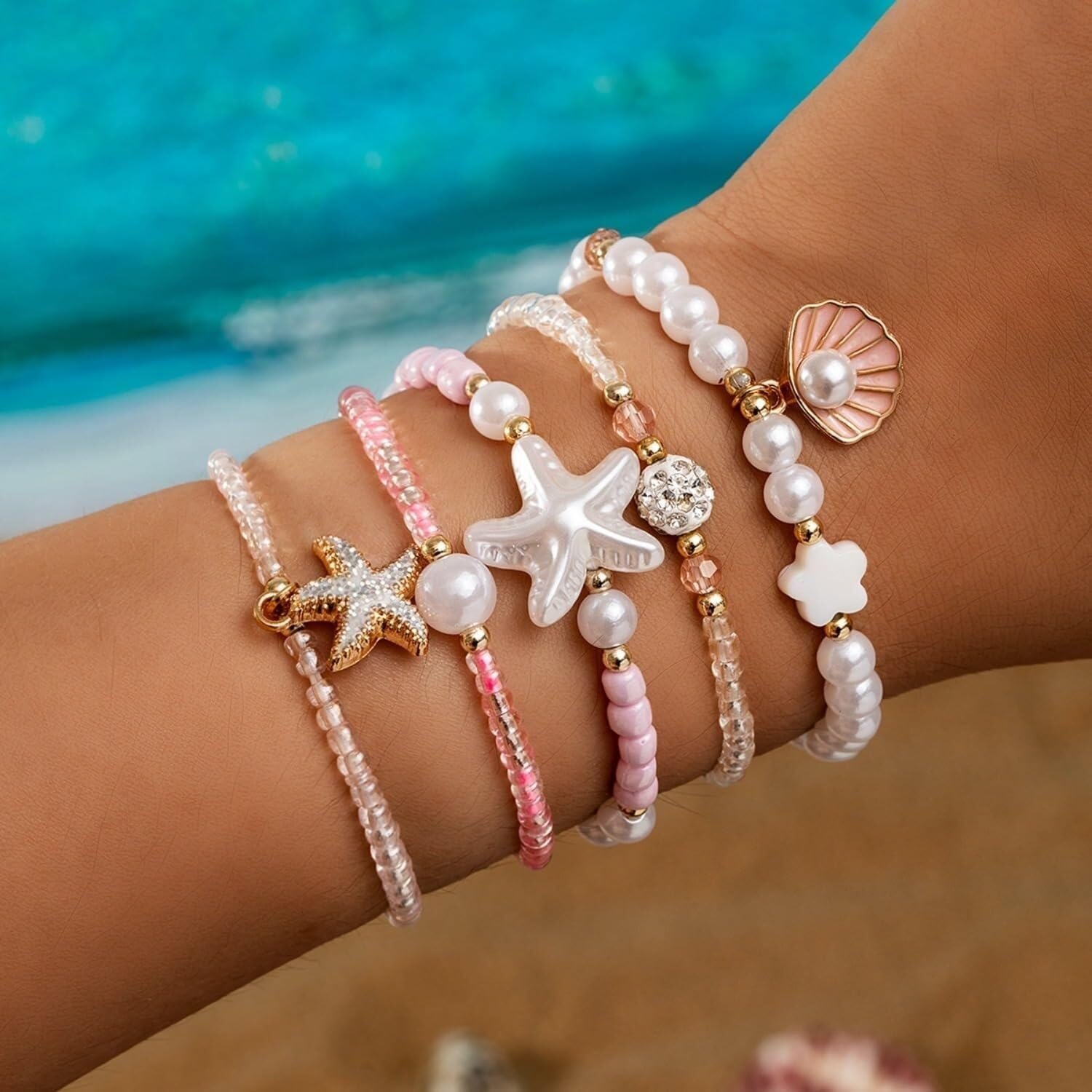 YDYDTTKD 5 Pulseras de Perlas elásticas apilables con Perla Rosa y Blanca, Concha de Estrella de mar, joyería temática de Playa de Verano para Mujer