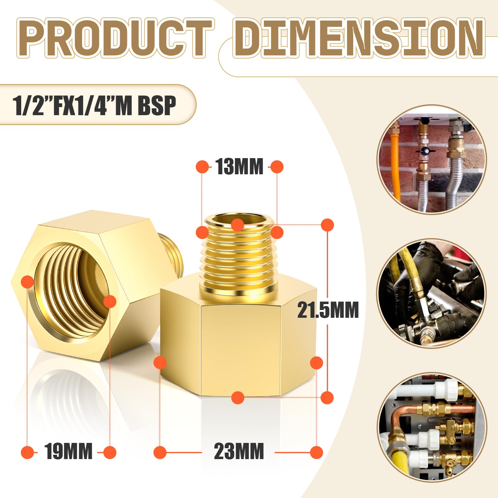 Bwintech 2 pz 1/2" Femmina a 1/4" Maschio BSP Filettatura In Ottone Boccola Esagonale Riduttore Connettore Per Tubo Collegamento Conversione - 3