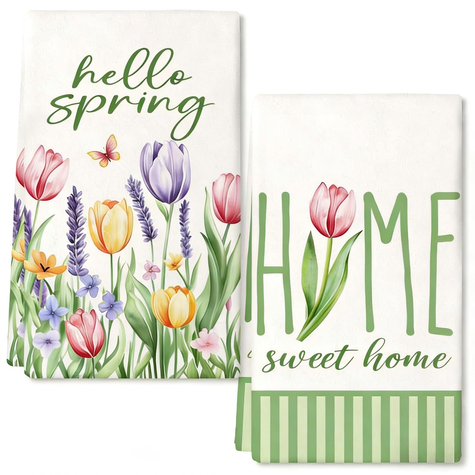 2Pcs Hello Spring Tea Towels for Kitchen Towel,40 x 60CM Spring Decorations Hand Towels Hello Spring Sweet Home Green Floral Tea Towel Seasonal Dish Towel for Bar Restaurent Kitchen Accessories