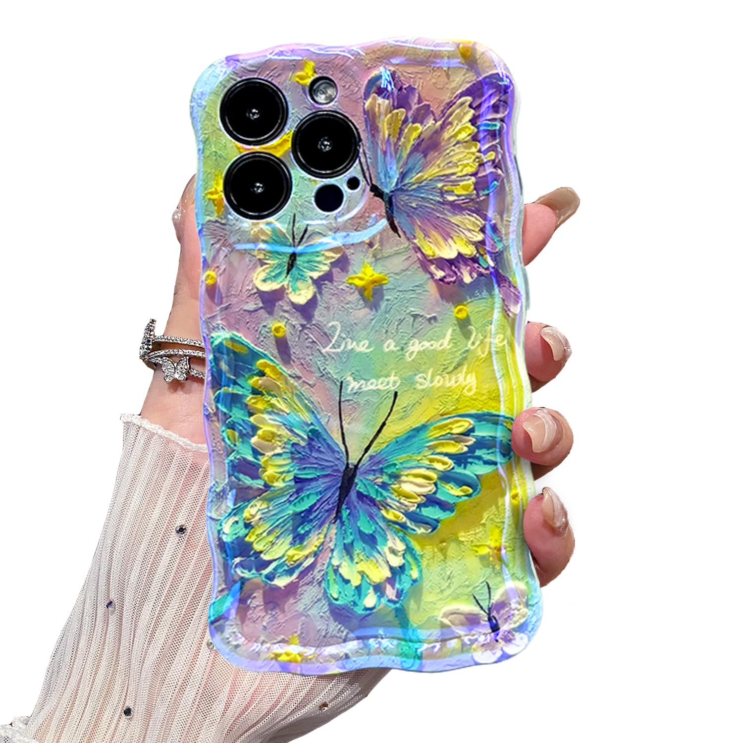 Case for iPhone 14 Pro Max,Exquisite Colorful Retro Oil Painting Flower,Stylish Glossy Pattern Wave Frame,Soft Durable Shockproof Camera Protection