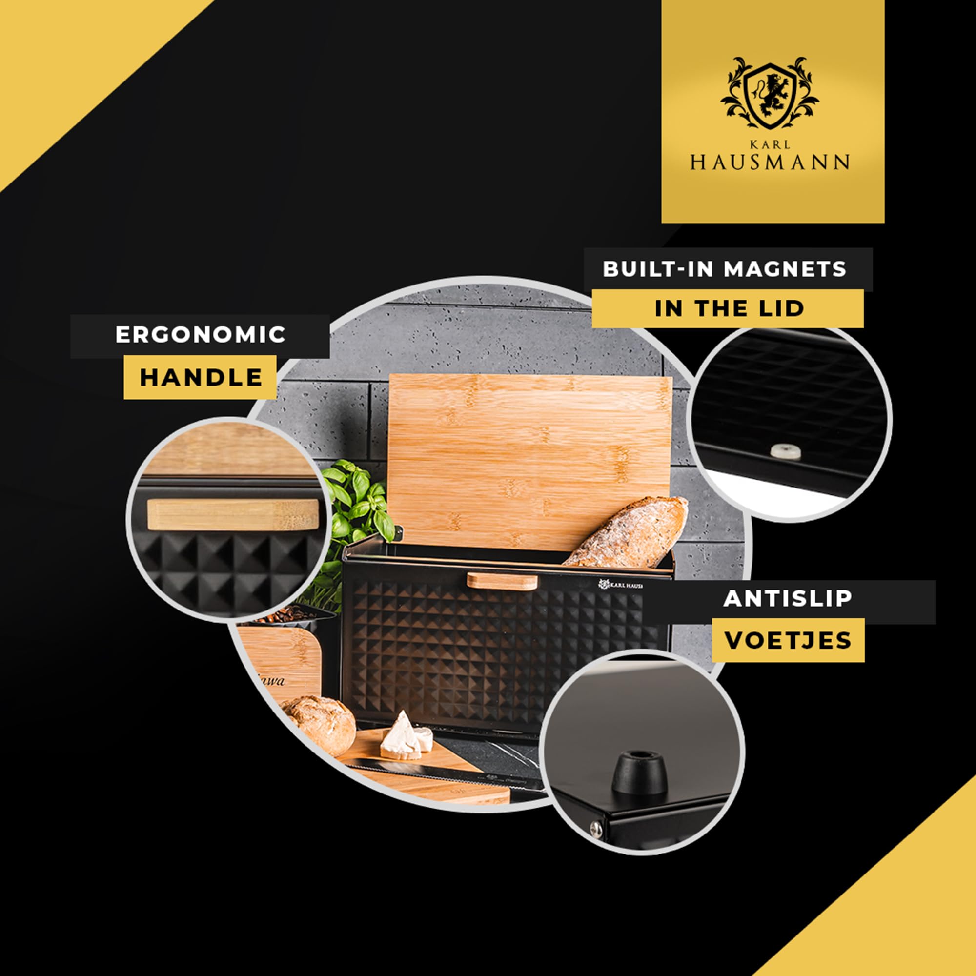 KARL HAUSMANN Brotkasten Metall Schwarz mit Bambus Deckel - Hält Brot länger frisch | Große Brotbox zur Brotaufbewahrung für Küche & Arbeitsplatte | Brotbehälter mit Magnetverschluss - 35x23,5x21 cm
