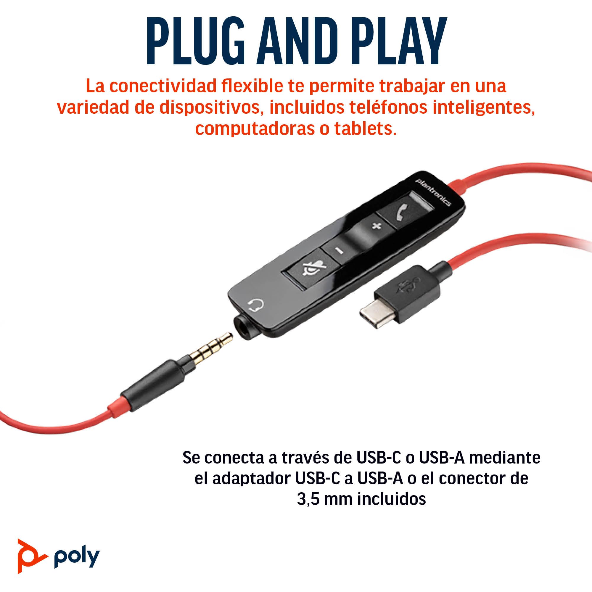 Auricular Poly Blackwire 5210 con cable (Plantronics), Micrófono de brazo flexible con cancelación de ruido, Diseño monoaural, Conexión a PC o teléfono móvil mediante USB-C, USB-A o conector de 3,5 mm