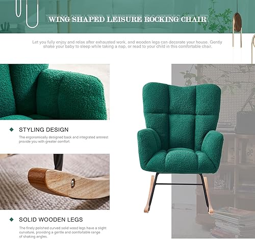 Miniatura 5 de Mecedora para guardería, mecedora tapizada de peluche con respaldo alto, sillas modernas para guardería, sala de estar, dormitorio, oficinas (verde)