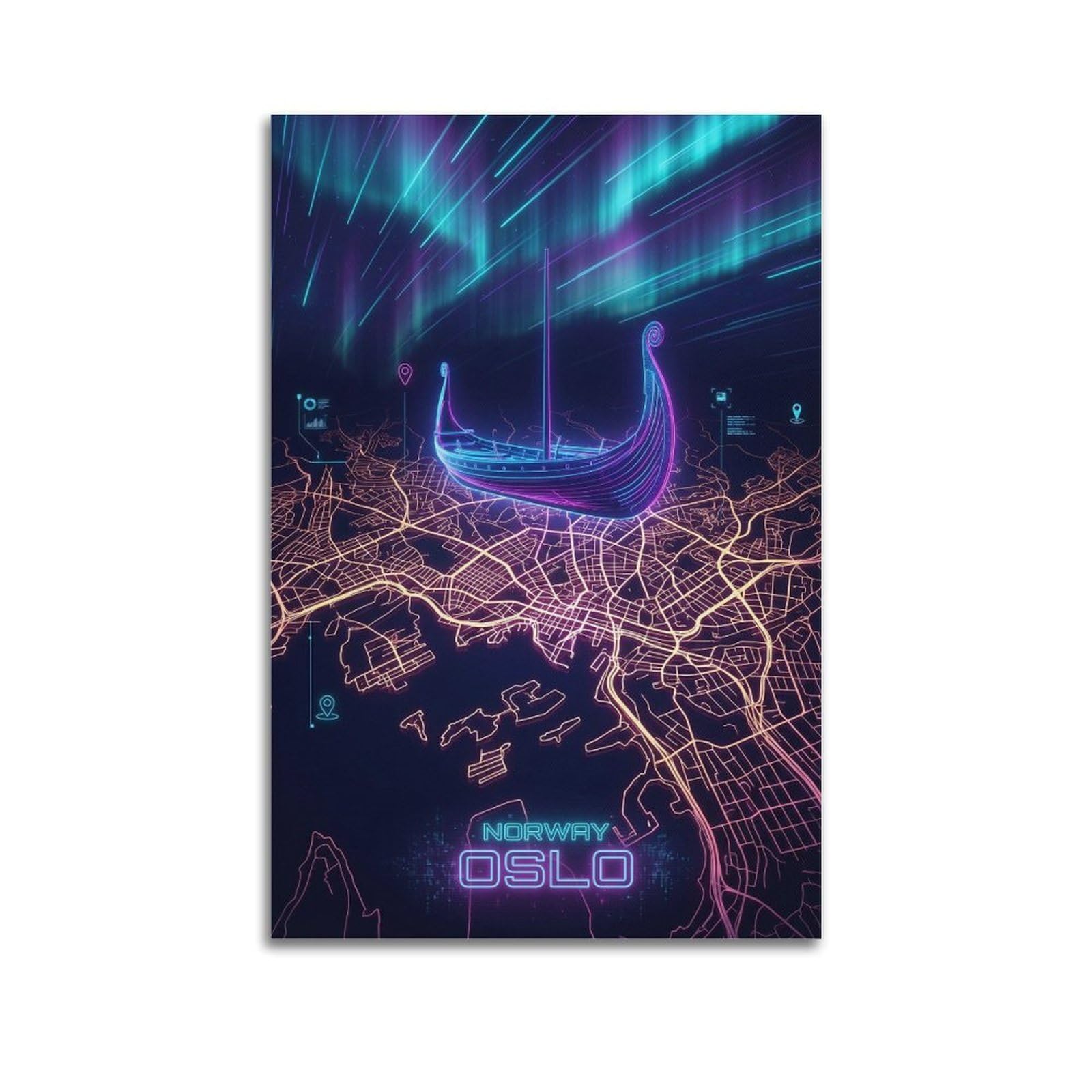 XKUGA Norway Oslo 80s Neon Map Gamer Room Poster Modern Decorative Canvas Prints - Ideal Wall Art for Family, Man Cave, Game Room, Boys & Girls Bedroom 24x36inch(60x90cm)