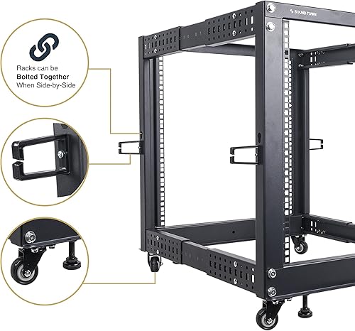 Miniatura 6 de Sound Town Rack de 4 postes de 15U de marco abierto y equipo de red con profundidad ajustable de 22 a 40 pulgadas, ruedas, niveladores, gestión de