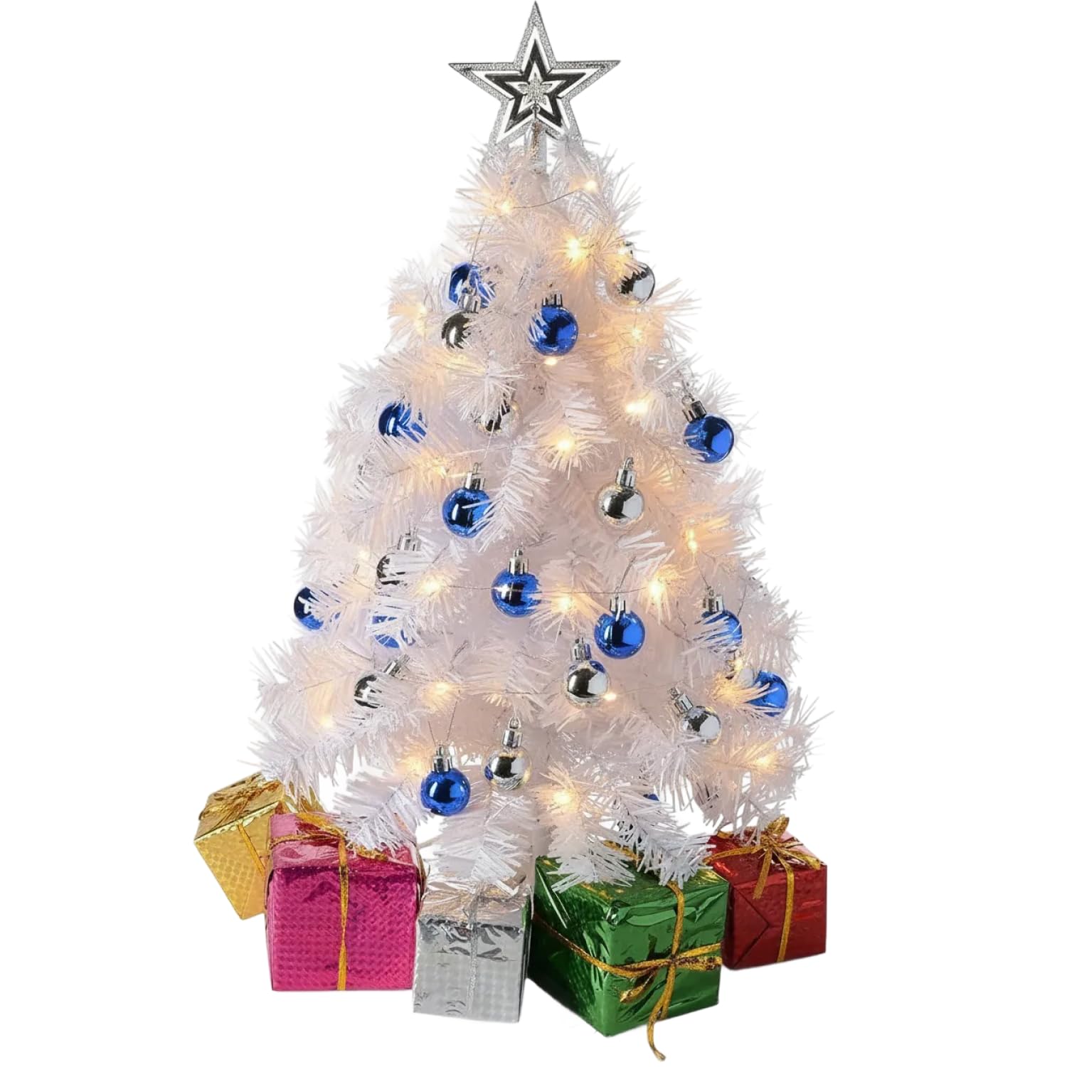 PREXTEX Mini White Christmas Tree with Lights - 23 Inch Small Christmas Tree with Warm White LED Lights, Star Topper, Ornaments, and Gift Boxes - Tabletop Holiday Decor for Indoor and Outdoor Display