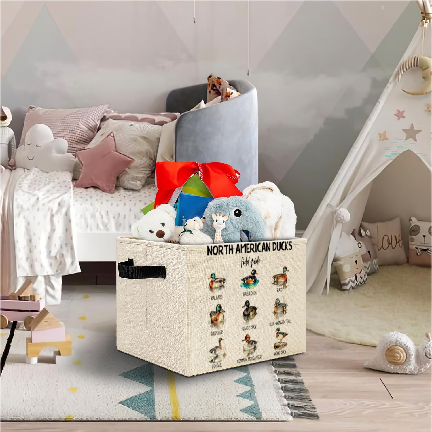 Mallard Duck Kids Storage Bins, Duck Nursery Decor, North American Ducks Field Guide Collapsible Storage Basket Organizer for Bedroom Bathroom Clothes Toys Books, Toybox for Boys image 2