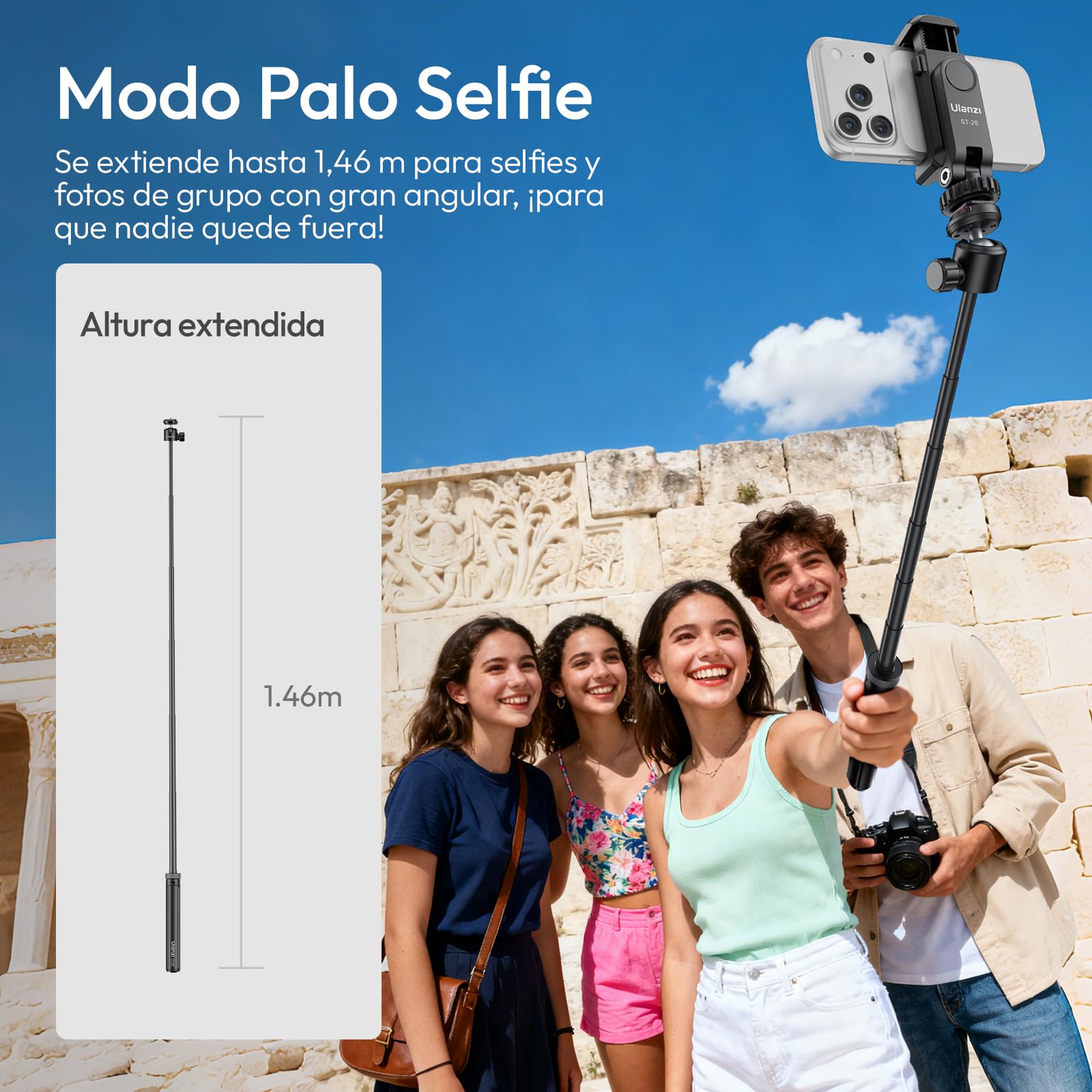 Ulanzi TT24 Trípode Palo Selfie con Liberación Rápida Cka para Cámara de Acción dji Pocket 3/4, dji Osmo Action 5 4, GoPro, Insta360 X5/X4/X3/Ace Pro/One X2, Accesorios para Cámara de Acción