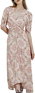 SIXDO Womens 2023 Summer Midi Dresses Vintage Kaleidoscope Print Short Sleeve V Neck Flowy Swing Casual Wear Work Office Pink
