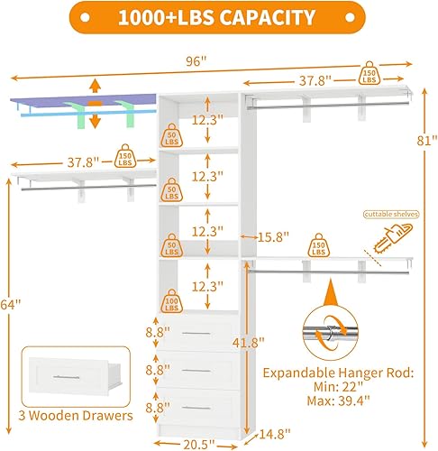 Miniatura 2 de Sistema de armario con cajones, sistema organizador de armario de 5 pies - 8 pies, sistema de almacenamiento de armario de madera de 96 pulgadas con