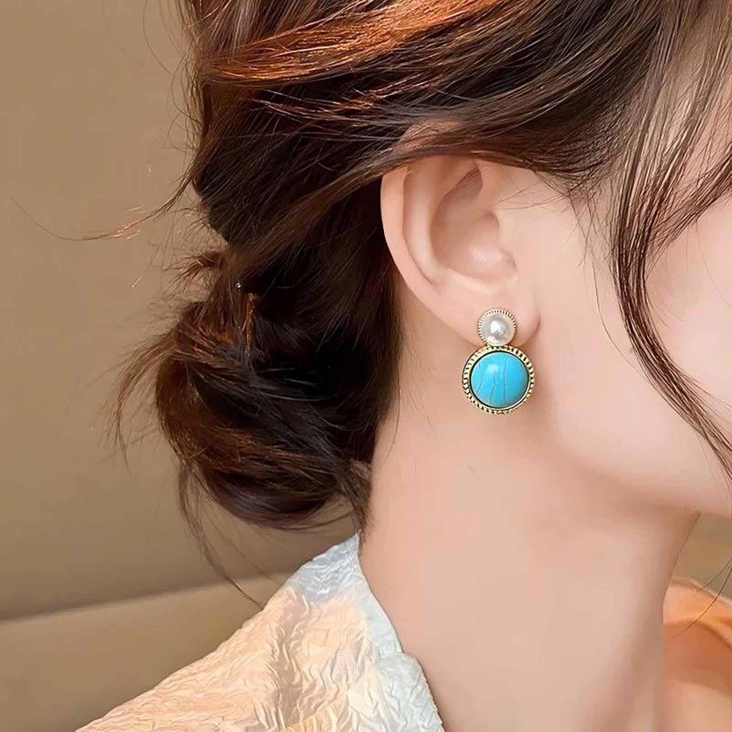 Vintage Pearl Turquoise Earrings Gold Pearl Stud Earring Round Turquoise Dangle Earrings Blue Stone Drop Earring Jewelry for Women - Image 5