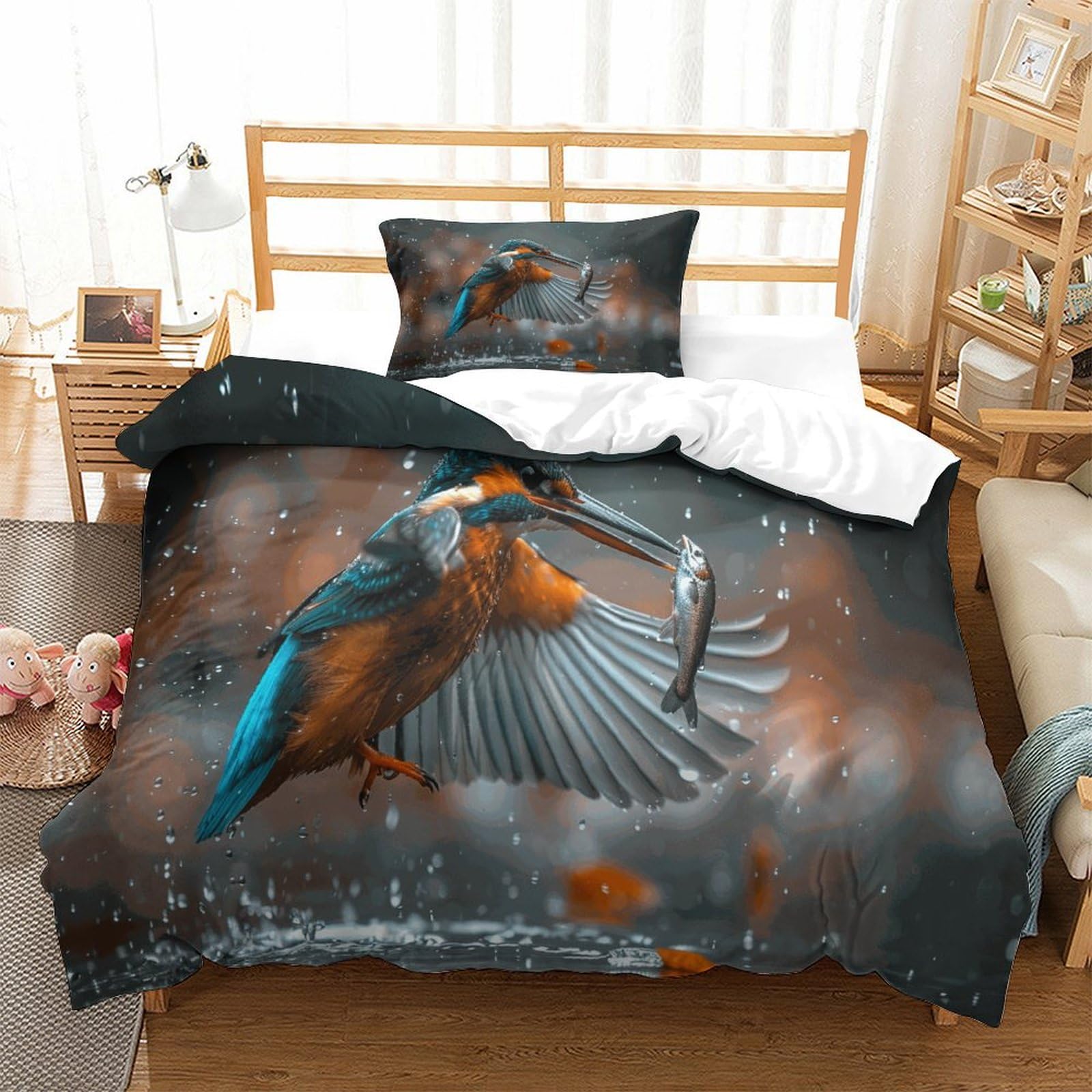 P1S9U7W5Y Nature 3D Printed Bird Fish Duvet Cover Set 3pcs Microfiber Animal Bedding Set Single（135x200cm）