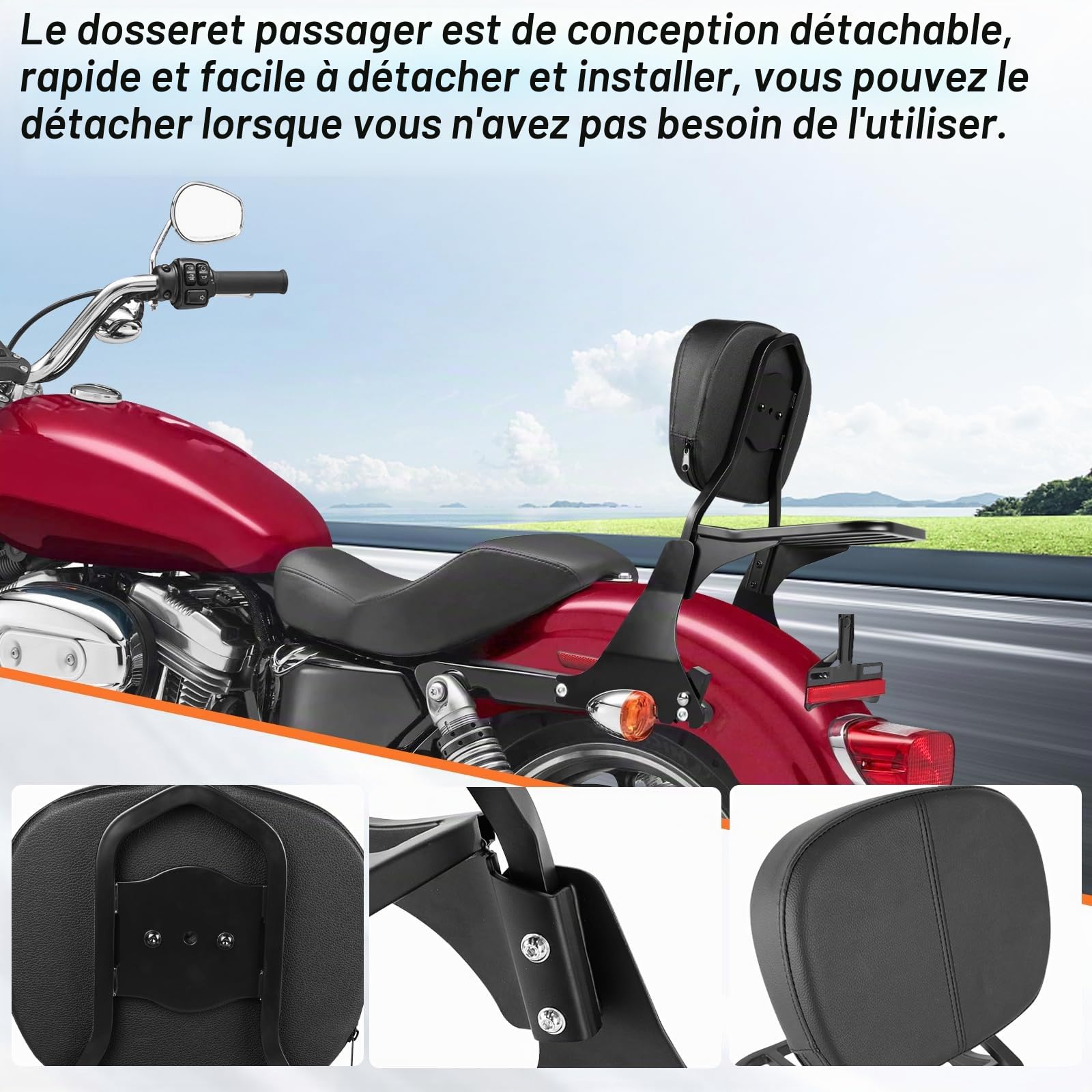 AUFER Sissy Bar à Dossier Bas pour Moto Passager avec Dossier et kit de matériel d'accueil Compatible avec Sportster 883 XL883 1200 XL1200 2004-2024