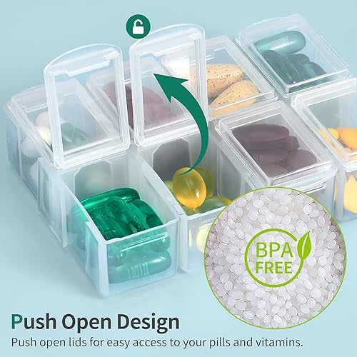 Miniatura 5 de FINPAC Organizador de píldoras, 8 compartimentos para pastilleros de viaje para atención semanal de medicamentos, dispensador y soportes de