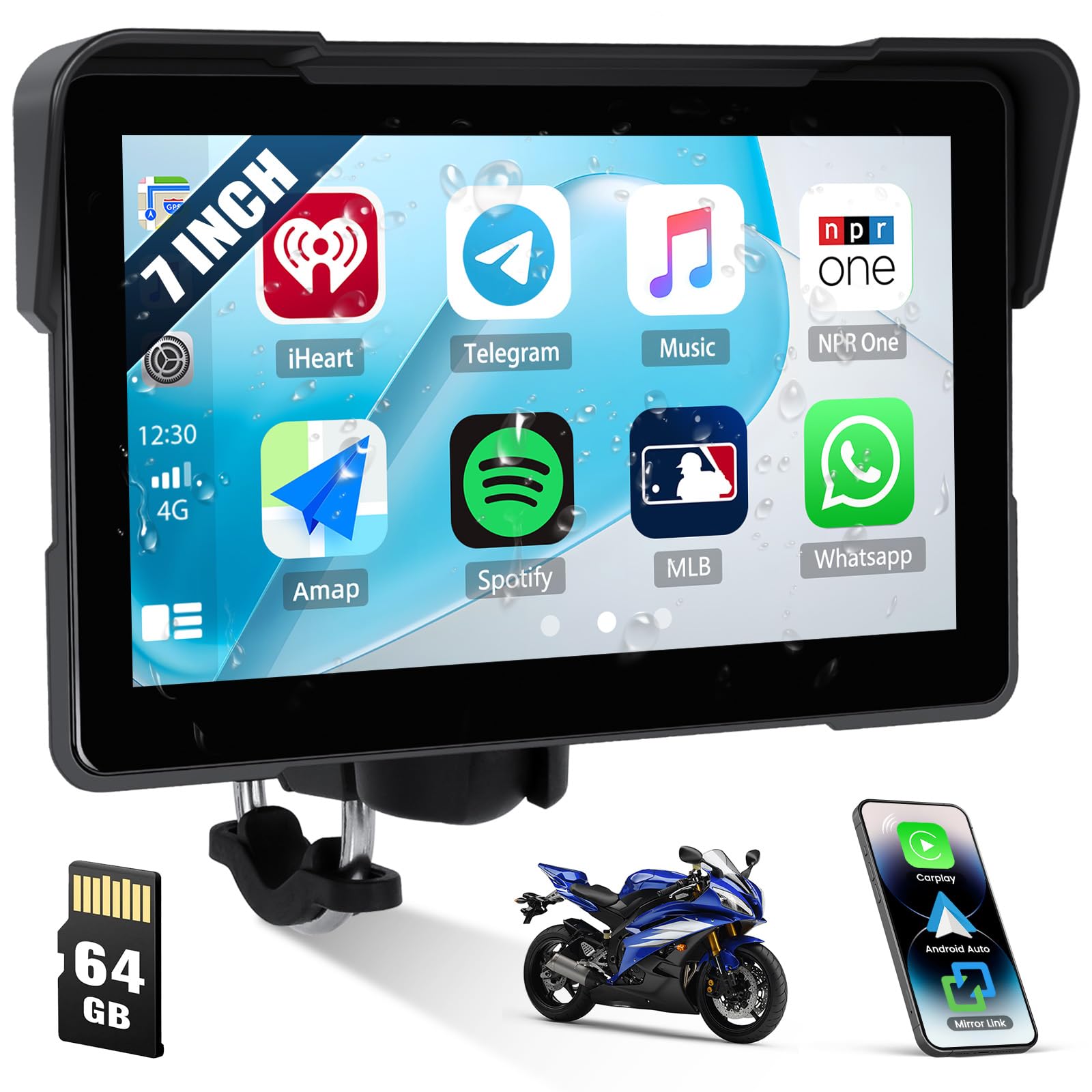 [2025] CAMECHO 7 Pulgadas Inalámbrico Moto Carplay Android Auto, IP67 Impermeable HD Pantalla Táctil GPS Display para Motos con Doble Bluetooth +EQ Airplay Android Cast Siri, G00gle Assistant - 1