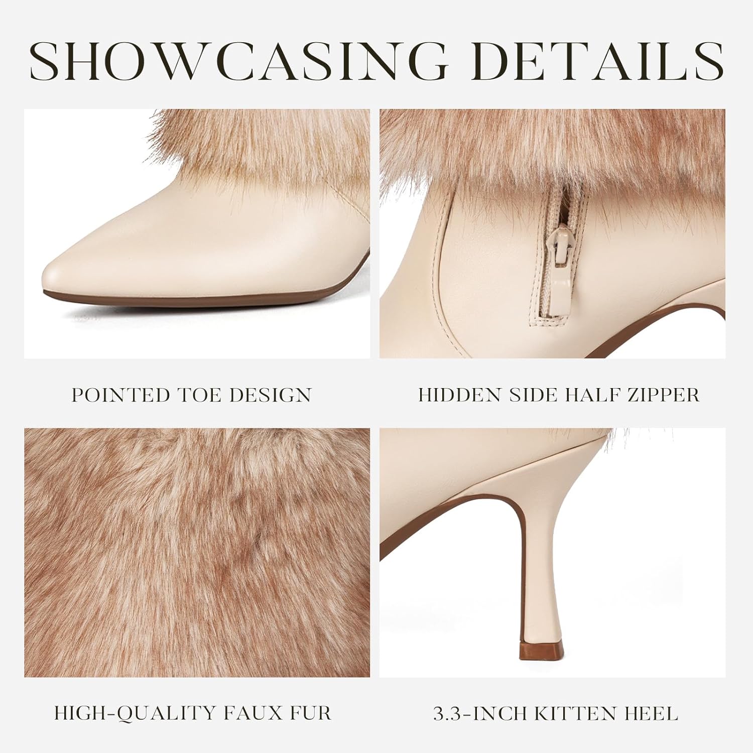 Womens 3.3-inch Kitten Heel Knee High Fur Boots Furry Fuzzy Fluffy Pointed Toe Boots for Women Tall Wide Calf Fall Winter Snow Fold Over Boot with Side Zipper - Image 4