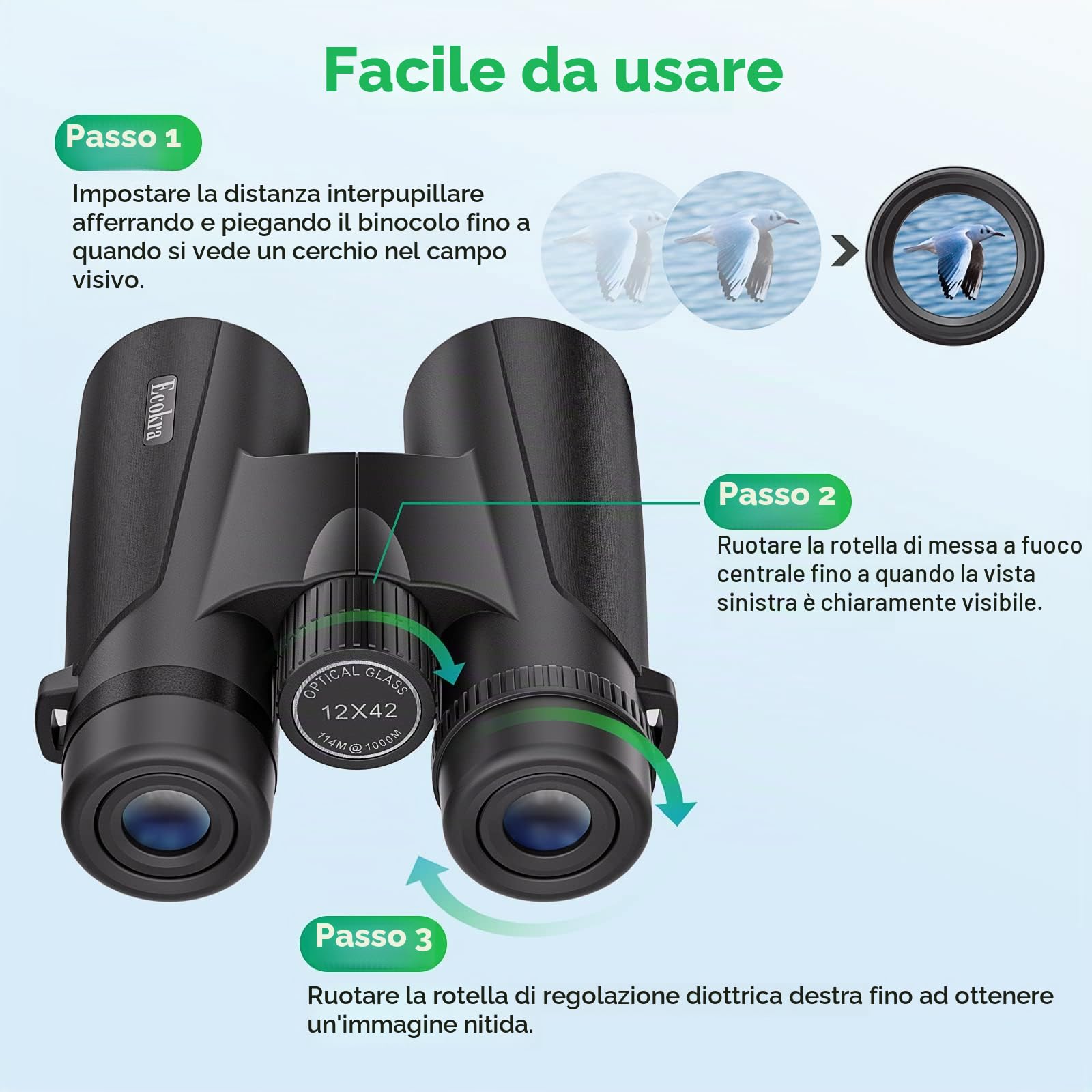Binocolo Ecokra HD 12x42 per adulti, alta potenza, super luminoso, impermeabile, perfetto per bird watching, caccia, osservazione delle stelle