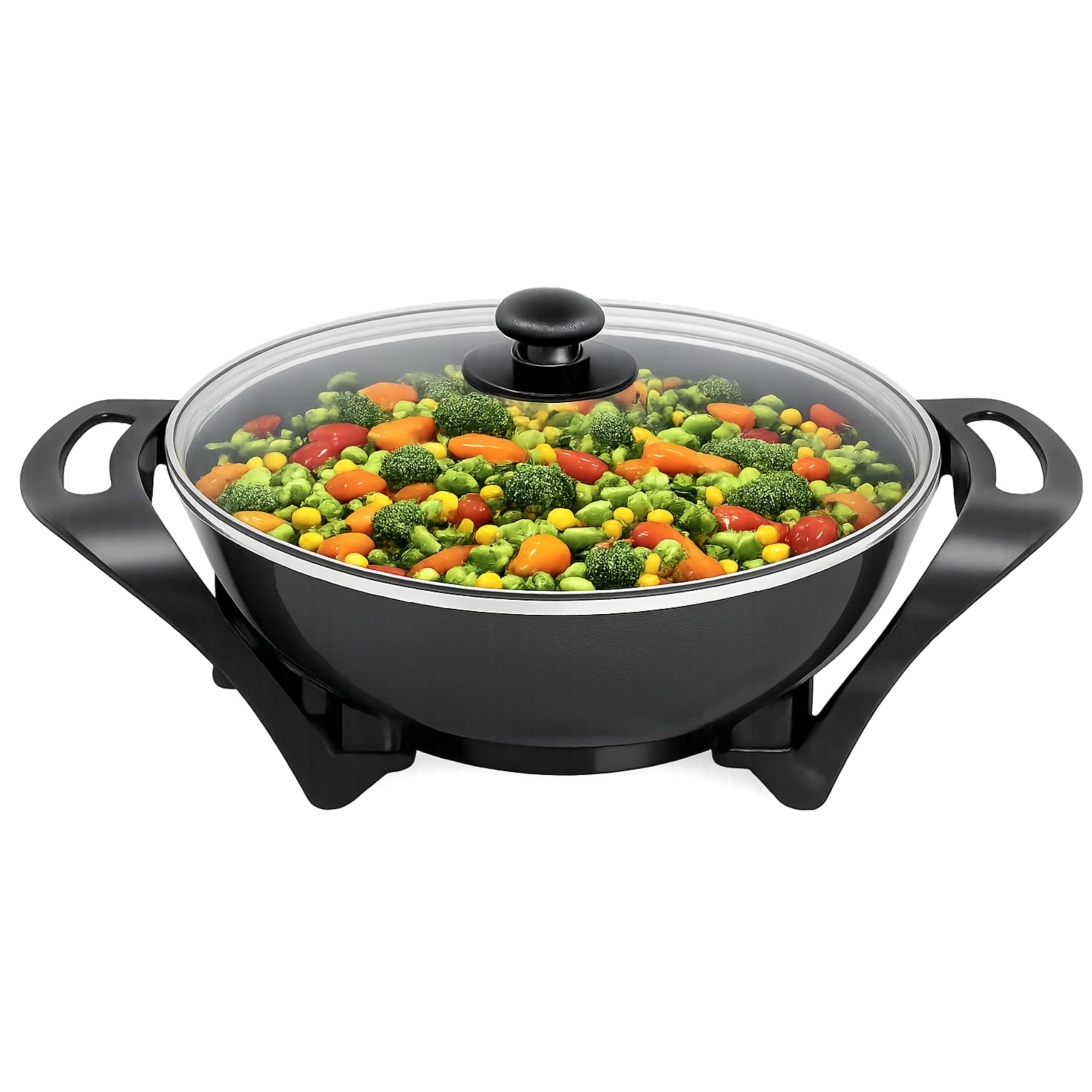 BEPER P101COS100 Wok électrique 33 cm, 1500 W, revêtement antiadhésif en céramique, thermostat réglable, 5 litres, couvercle en verre, idéal pour sauter, frire et mijoter.