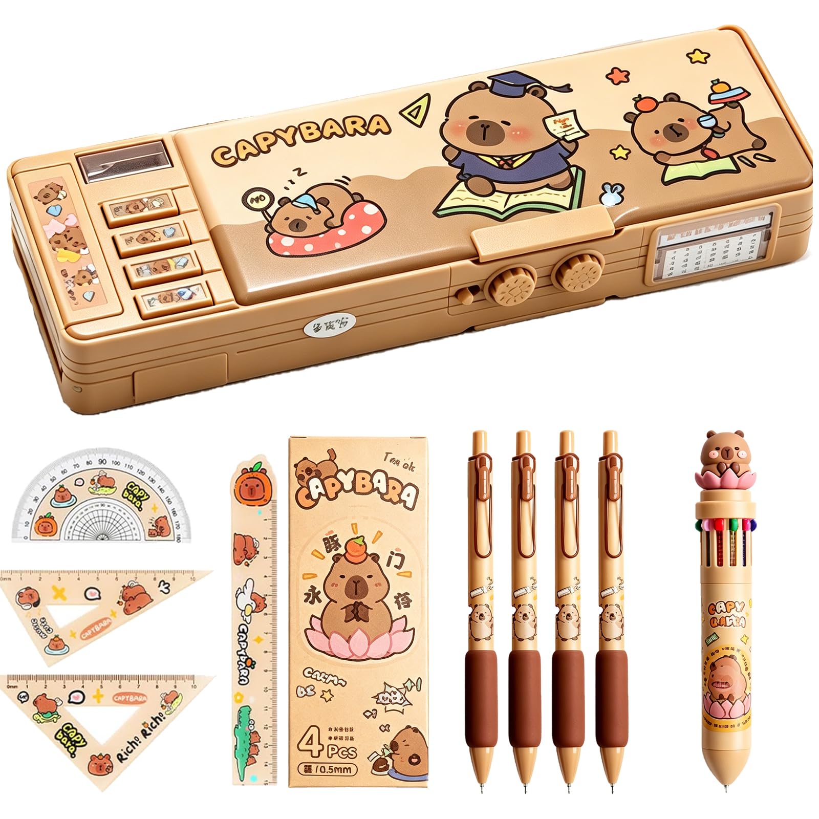 KFSCIP 10-Piece Capybara Pencil Case with Stationary, Cute Pencil Case for Girls with Capybara Pencils and Notebook, Capybara Gifts with Fluffy Design, Multi-Functional Ruler and 4 Pens Set