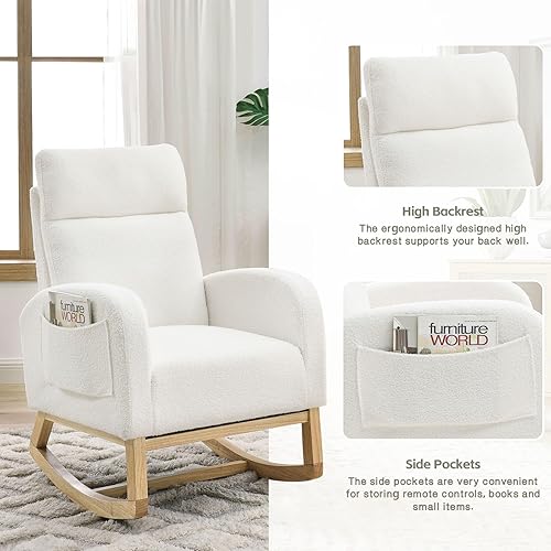 Miniatura 4 de Mecedora para guardería, silla mecedora tapizada de tela de peluche, cómoda silla con brazo decorativo con bolsillos laterales y patas de madera