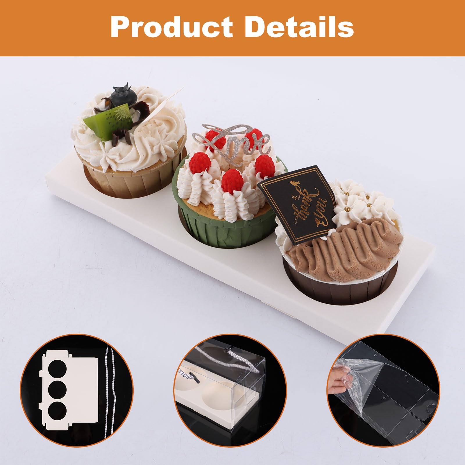 30 cajas para cupcakes de 3 agujeros, 22,5 x 7,8 x 7,8 cm, con ventana, insertos y calcomanía, soporte transparente para cupcakes, magdalenas, postres